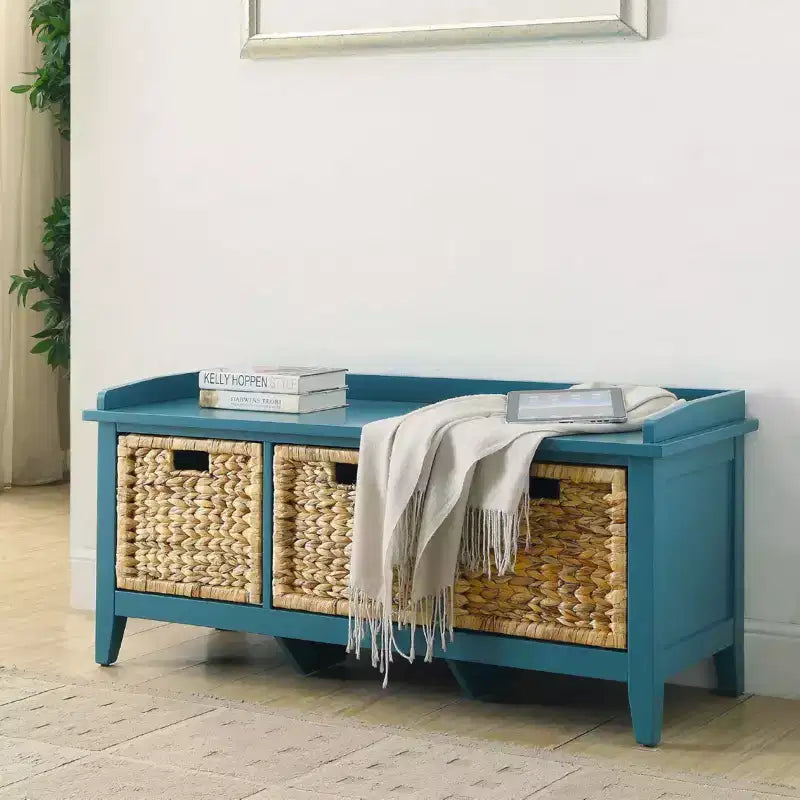 Banc en bois avec 3 tiroirs en rotin et bleu sarcelle