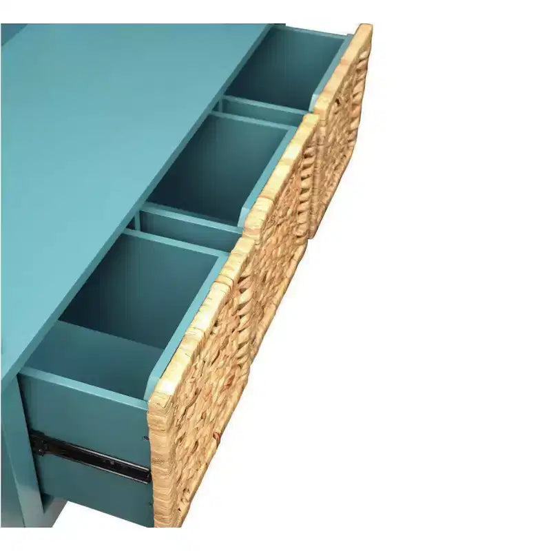 Banc en bois avec 3 tiroirs en rotin et bleu sarcelle