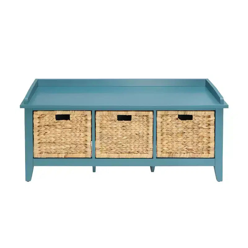 Banc en bois avec 3 tiroirs en rotin et bleu sarcelle