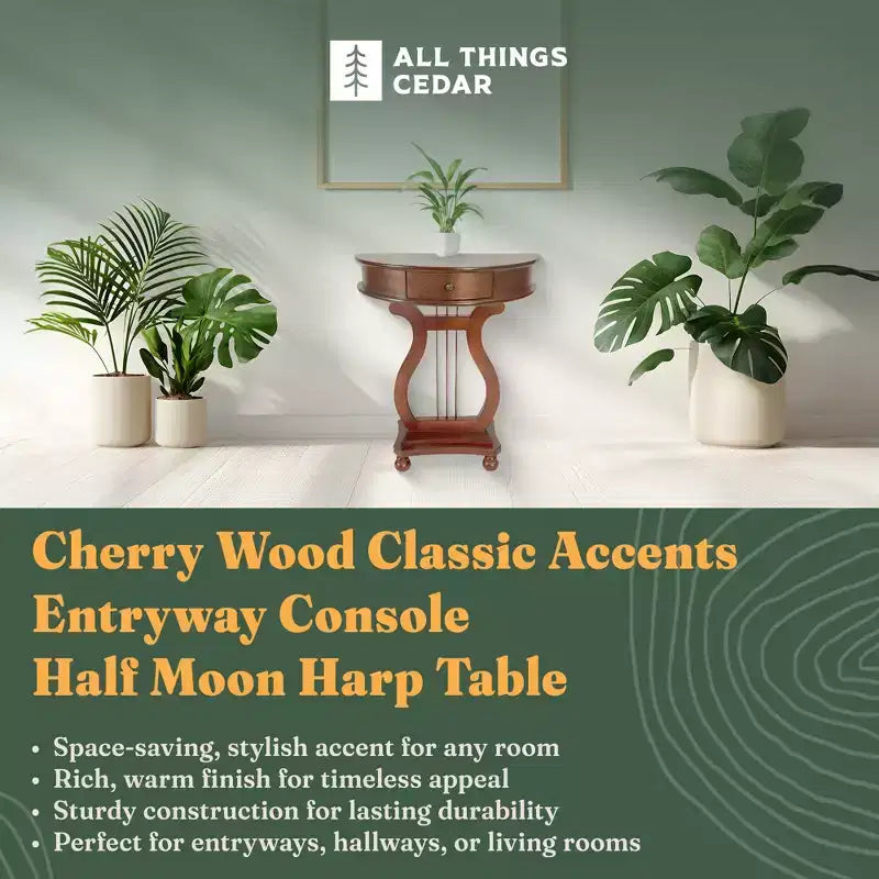 Table console harpe demi-lune en bois avec tiroir de rangement pour salon et entrée, en cerisier