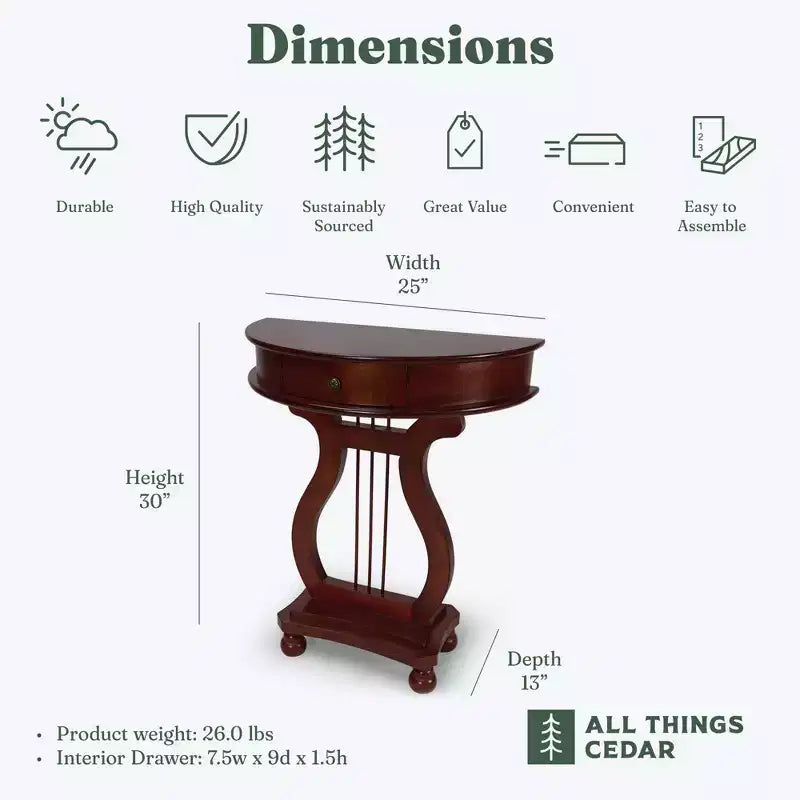 Table console harpe demi-lune en bois avec tiroir de rangement pour salon et entrée, en cerisier