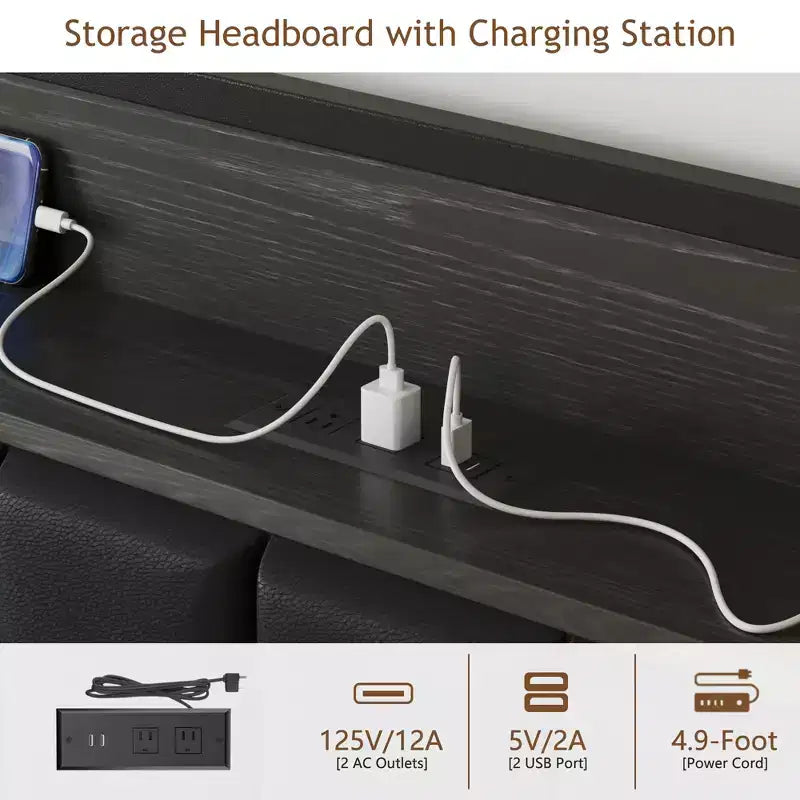 Cadre de lit plateforme en métal de taille double/intégral/grand lit avec station de recharge de rangement, noir/gris