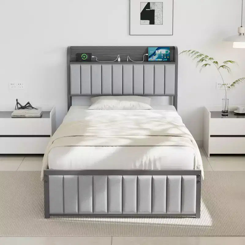 Cadre de lit plateforme en métal de taille double/intégral/grand lit avec station de recharge de rangement, noir/gris