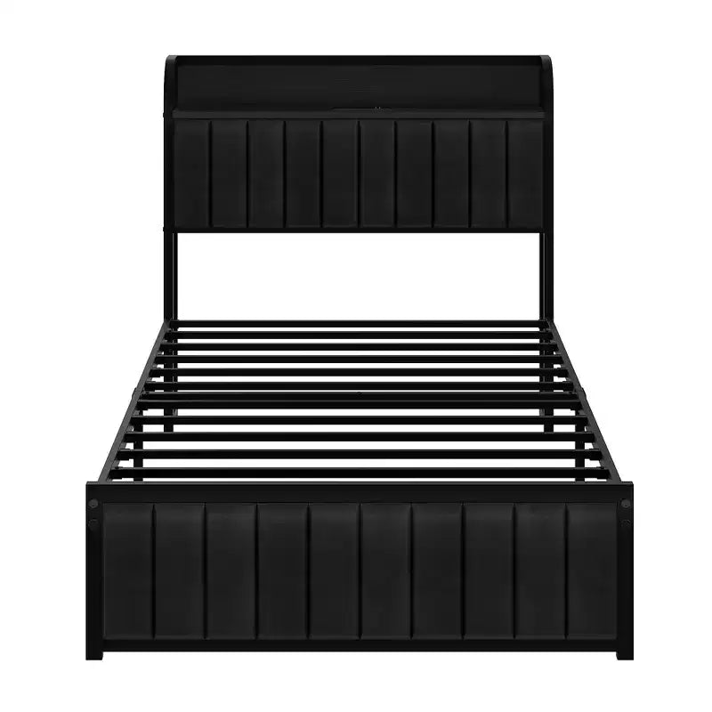 Cadre de lit plateforme en métal de taille double/intégral/grand lit avec station de recharge de rangement, noir/gris