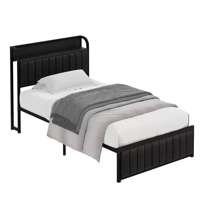 Cadre de lit plateforme en métal de taille double/intégral/grand lit avec station de recharge de rangement, noir/gris