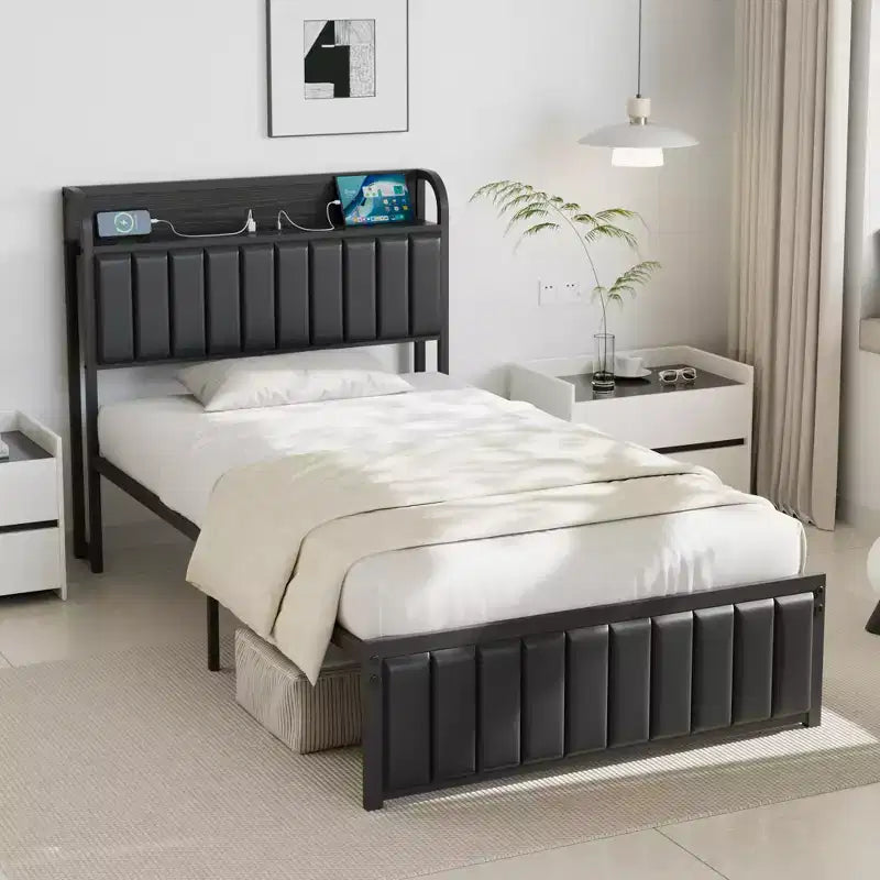 Cadre de lit plateforme en métal de taille double/intégral/grand lit avec station de recharge de rangement, noir/gris
