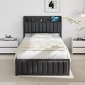 VECELO Twin/Full/Queen Size Metal Frame Platform Bed Frame with Storage Charging Station, Black/Gray