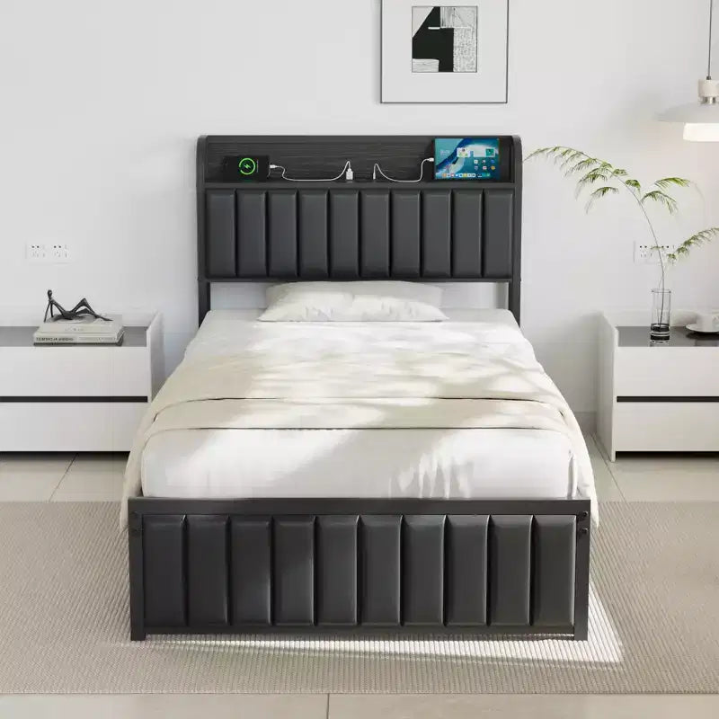 VECELO Twin/Full/Queen Size Metal Frame Platform Bed Frame with Storage Charging Station, Black/Gray