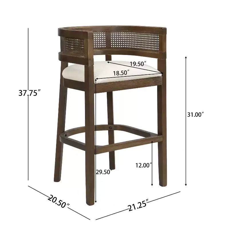 Tabourets de bar rembourrés en bois d'hévéa contemporains avec dossier incurvé en rotin