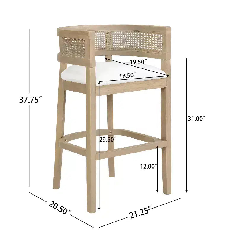 Tabourets de bar rembourrés en bois d'hévéa contemporains avec dossier incurvé en rotin