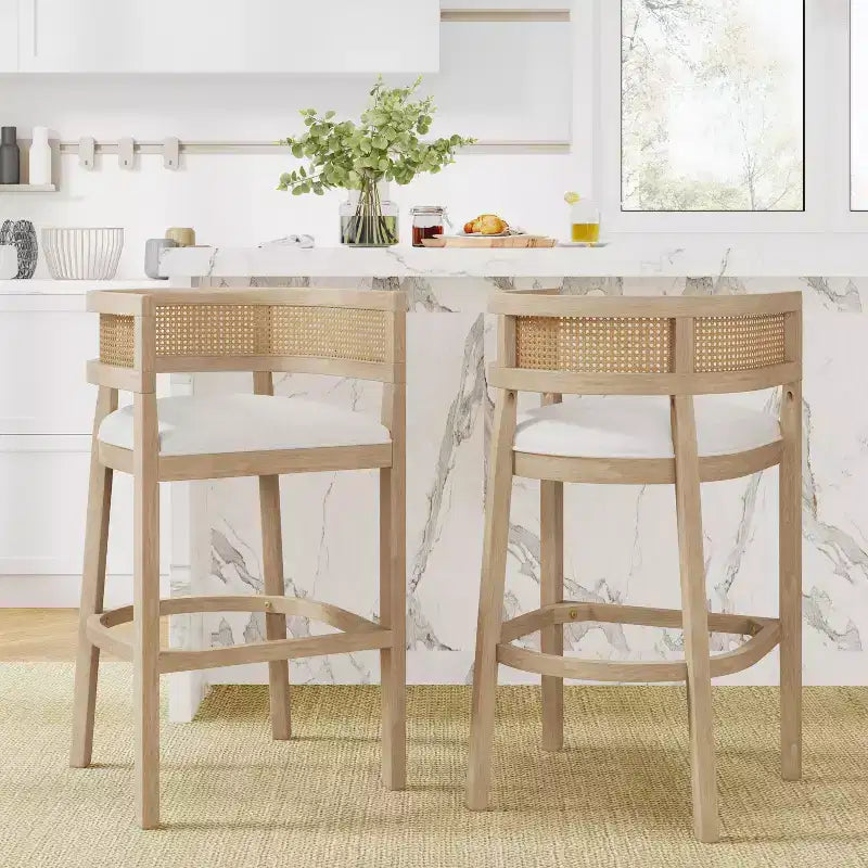 Christopher Knight Home Marie Contemporary Rubberwood Upholstered Bar Stools with Curved Rattan Back (Set of 2)
