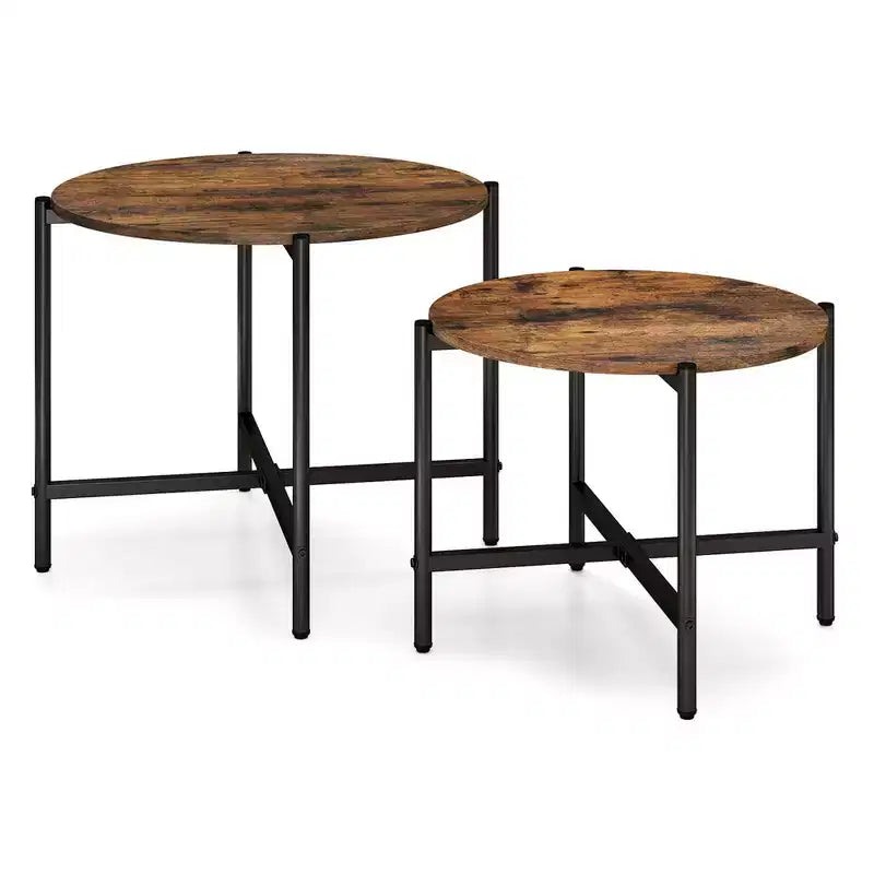Tables basses rondes gigognes d'intérieur et d'extérieur 21,5 et 25,5 Table d'appoint ronde Marron/Blanc