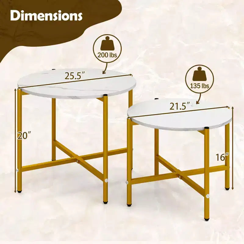 Tables basses rondes gigognes d'intérieur et d'extérieur 21,5 et 25,5 Table d'appoint ronde Marron/Blanc