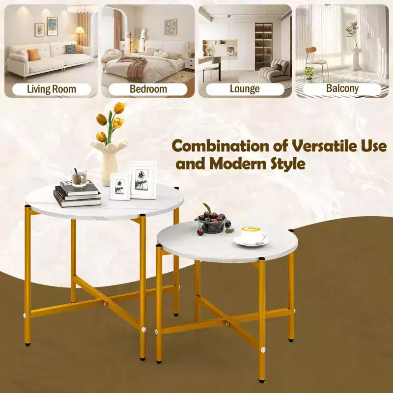 Tables basses rondes gigognes d'intérieur et d'extérieur 21,5 et 25,5 Table d'appoint ronde Marron/Blanc