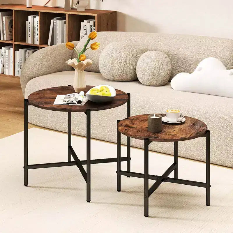Tables basses rondes gigognes d'intérieur et d'extérieur 21,5 et 25,5 Table d'appoint ronde Marron/Blanc