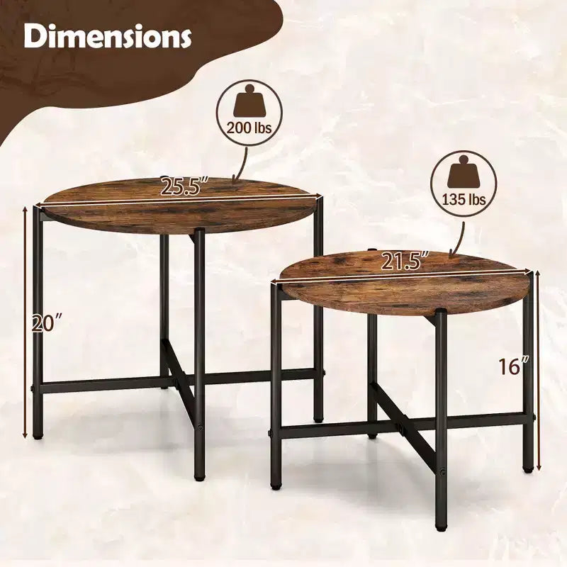 Tables basses rondes gigognes d'intérieur et d'extérieur 21,5 et 25,5 Table d'appoint ronde Marron/Blanc