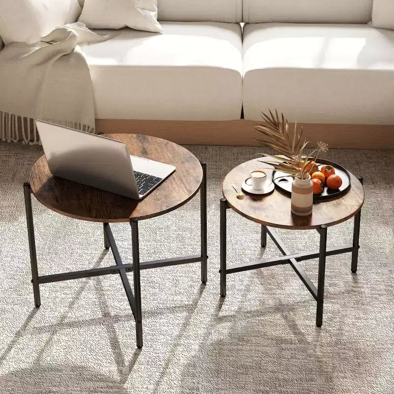 Tables basses rondes gigognes d'intérieur et d'extérieur 21,5 et 25,5 Table d'appoint ronde Marron/Blanc