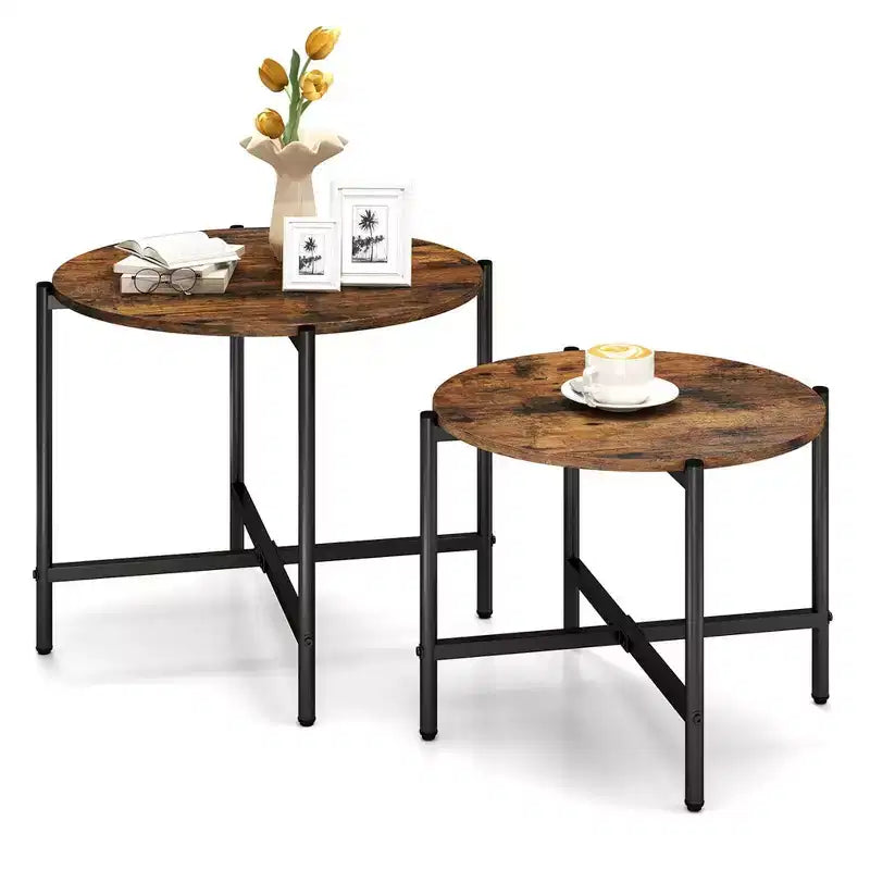 Costway Indoor and Outdoor Round Coffee Table Set of 2 21.5 & 25.5 Nesting Coffee Tables Circle End Table Brown/White