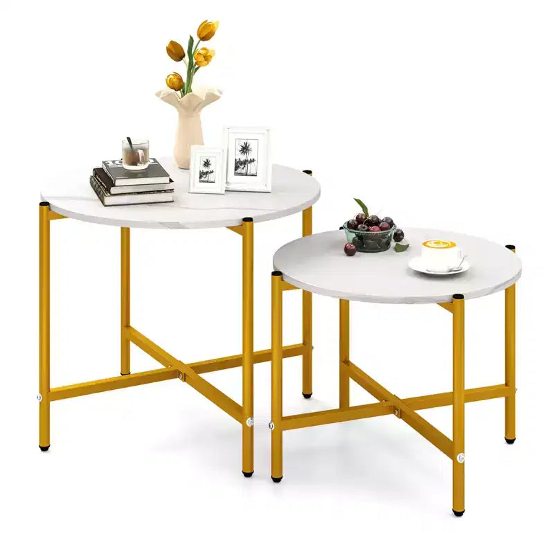 Tables basses rondes gigognes d'intérieur et d'extérieur 21,5 et 25,5 Table d'appoint ronde Marron/Blanc