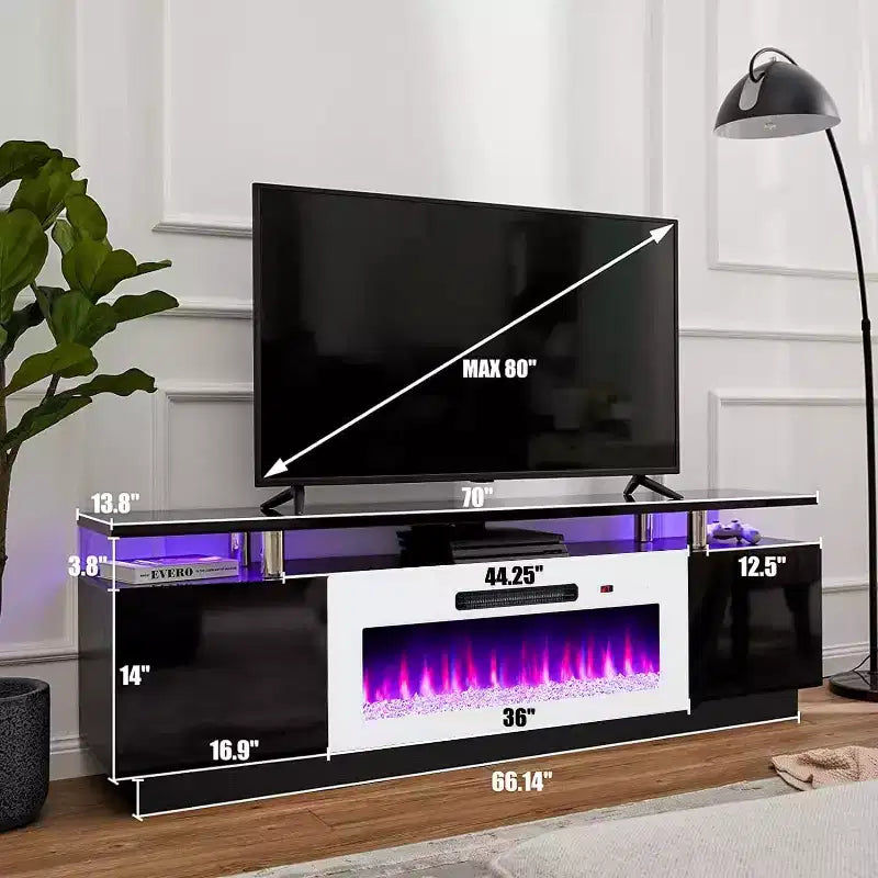 Meuble TV cheminée, meuble de divertissement LED laqué brillant