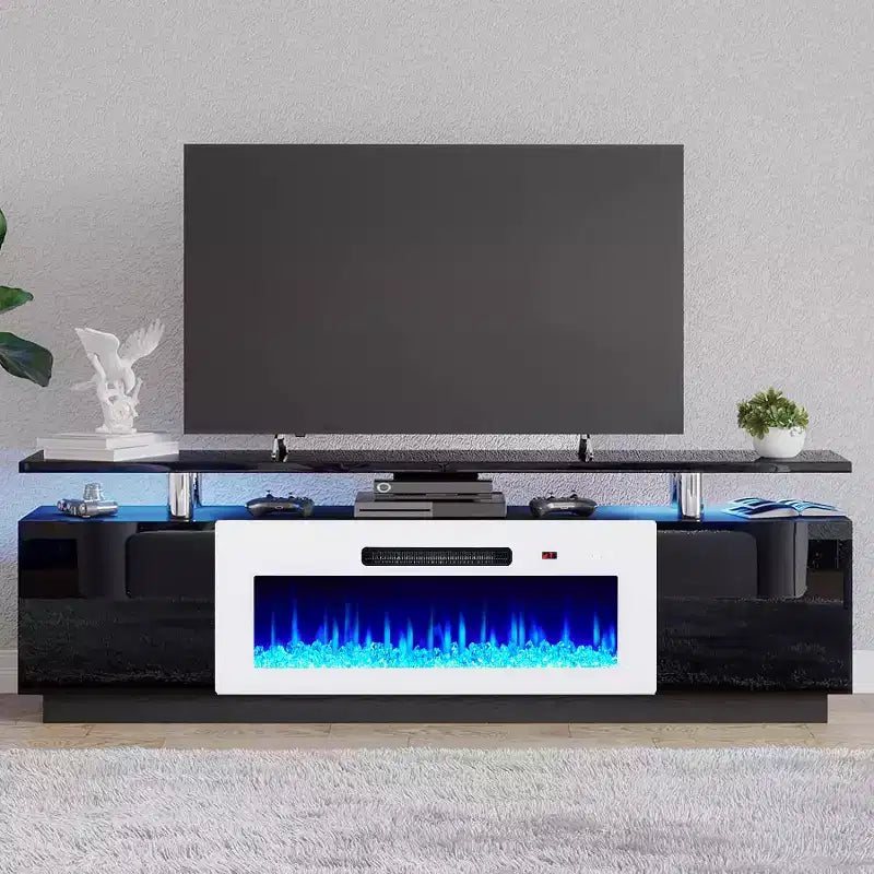 Meuble TV cheminée, meuble de divertissement LED laqué brillant