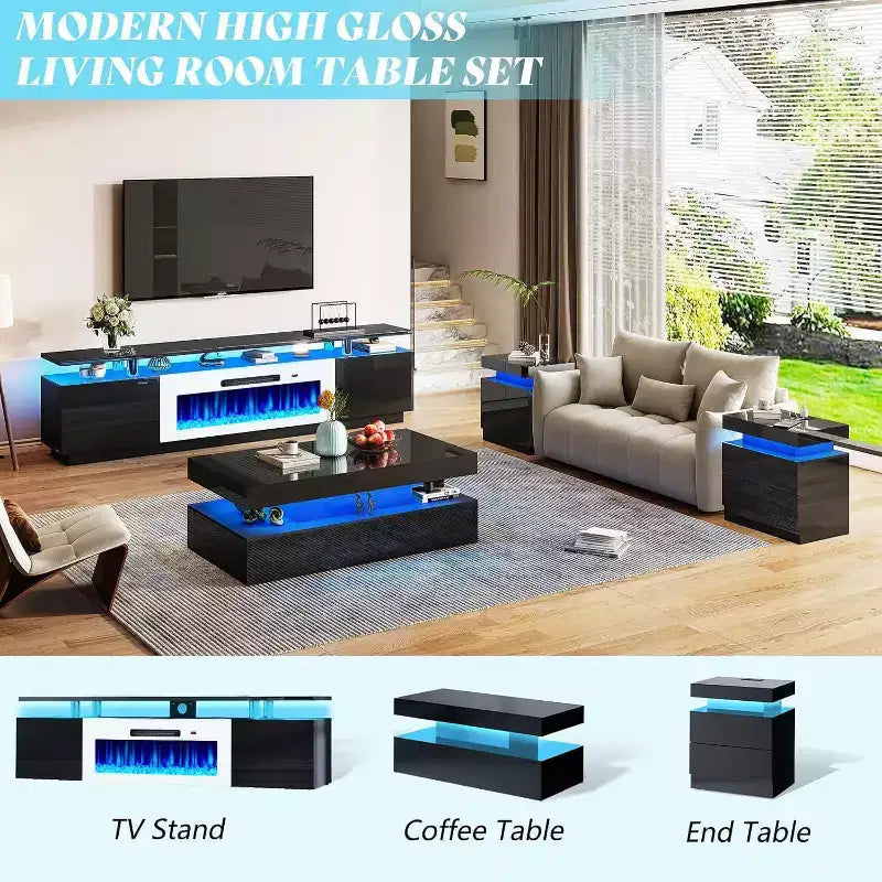 Meuble TV cheminée, meuble de divertissement LED laqué brillant