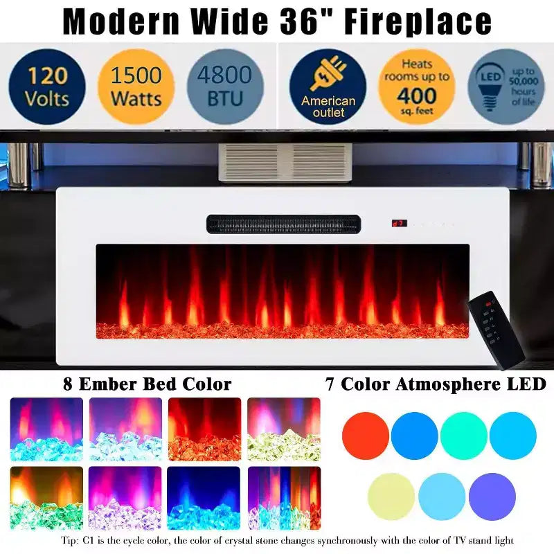 Meuble TV cheminée, meuble de divertissement LED laqué brillant