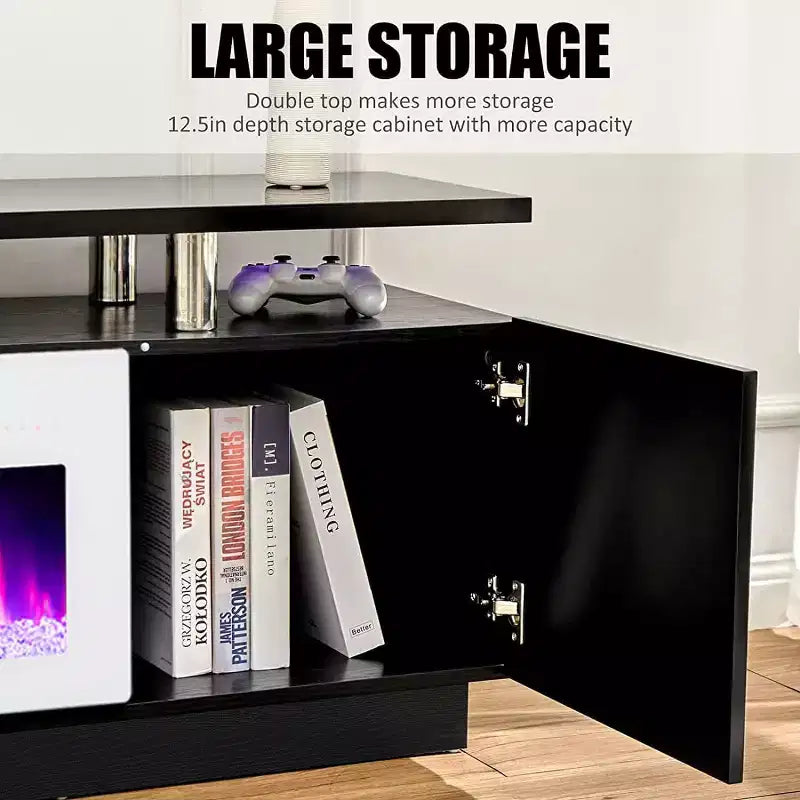 Meuble TV cheminée, meuble de divertissement LED laqué brillant