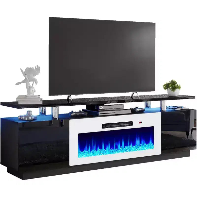 Meuble TV cheminée, meuble de divertissement LED laqué brillant