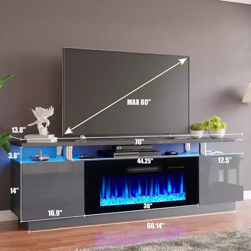 Meuble TV cheminée, meuble de divertissement LED laqué brillant