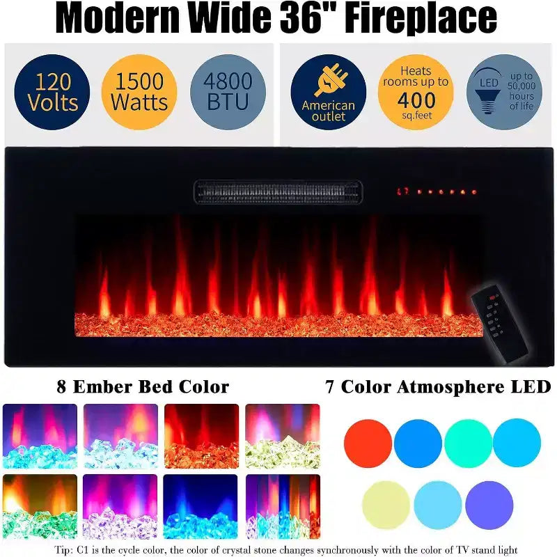 Meuble TV cheminée, meuble de divertissement LED laqué brillant