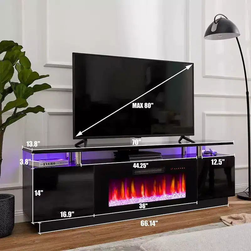 Meuble TV cheminée, meuble de divertissement LED laqué brillant