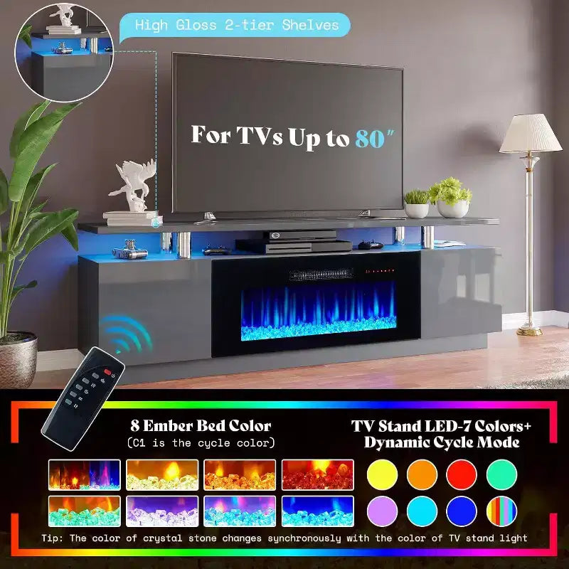 Meuble TV cheminée, meuble de divertissement LED laqué brillant