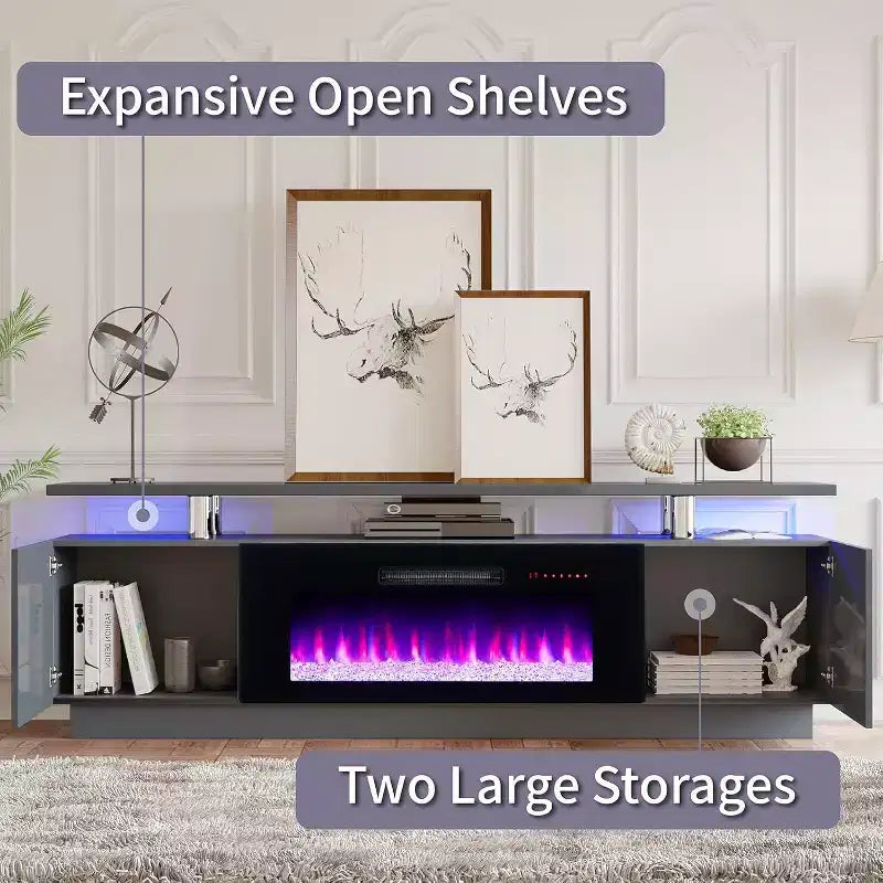 Meuble TV cheminée, meuble de divertissement LED laqué brillant