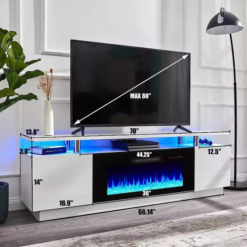 Meuble TV cheminée, meuble de divertissement LED laqué brillant