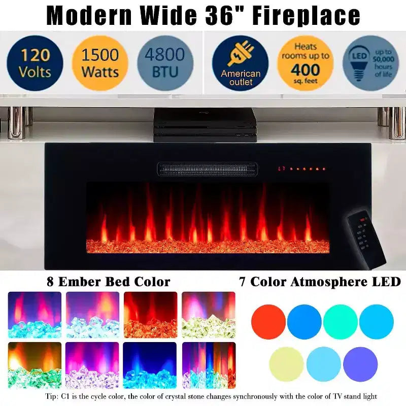 Meuble TV cheminée, meuble de divertissement LED laqué brillant