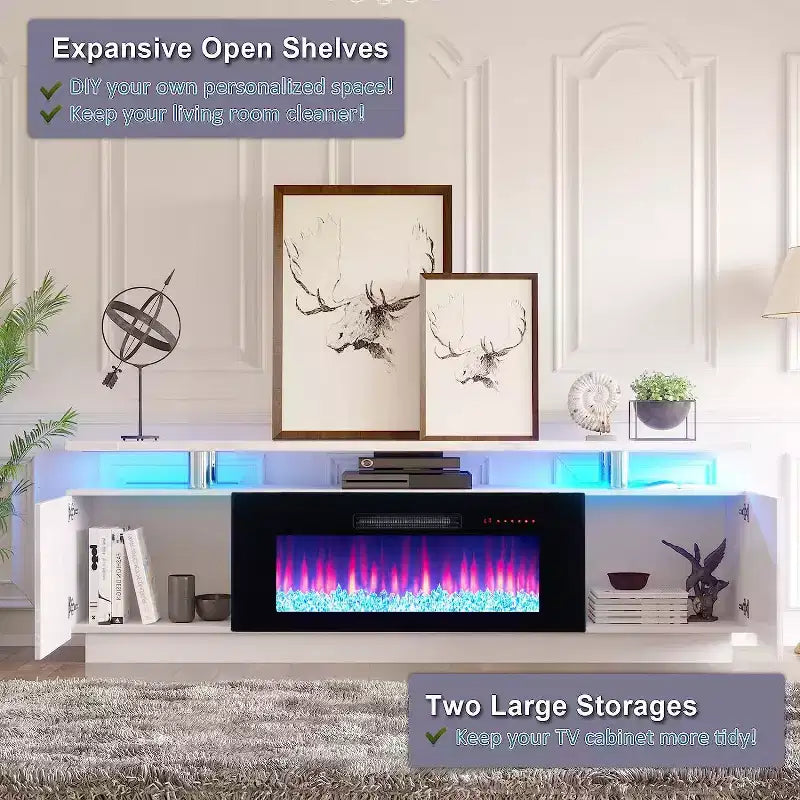 Meuble TV cheminée, meuble de divertissement LED laqué brillant