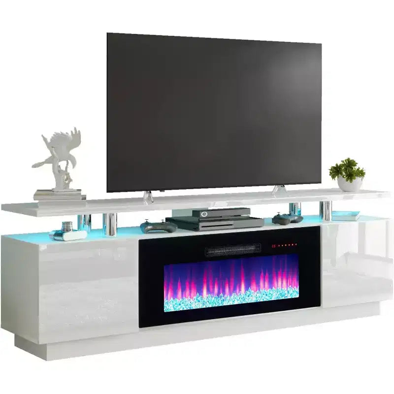 Meuble TV cheminée, meuble de divertissement LED laqué brillant