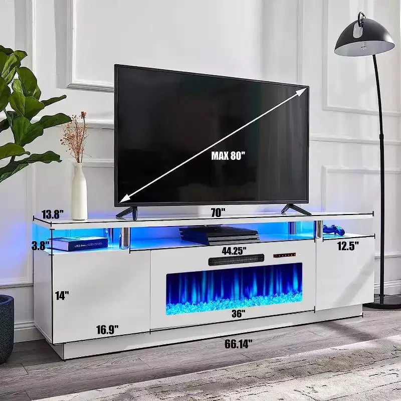 Meuble TV cheminée, meuble de divertissement LED laqué brillant