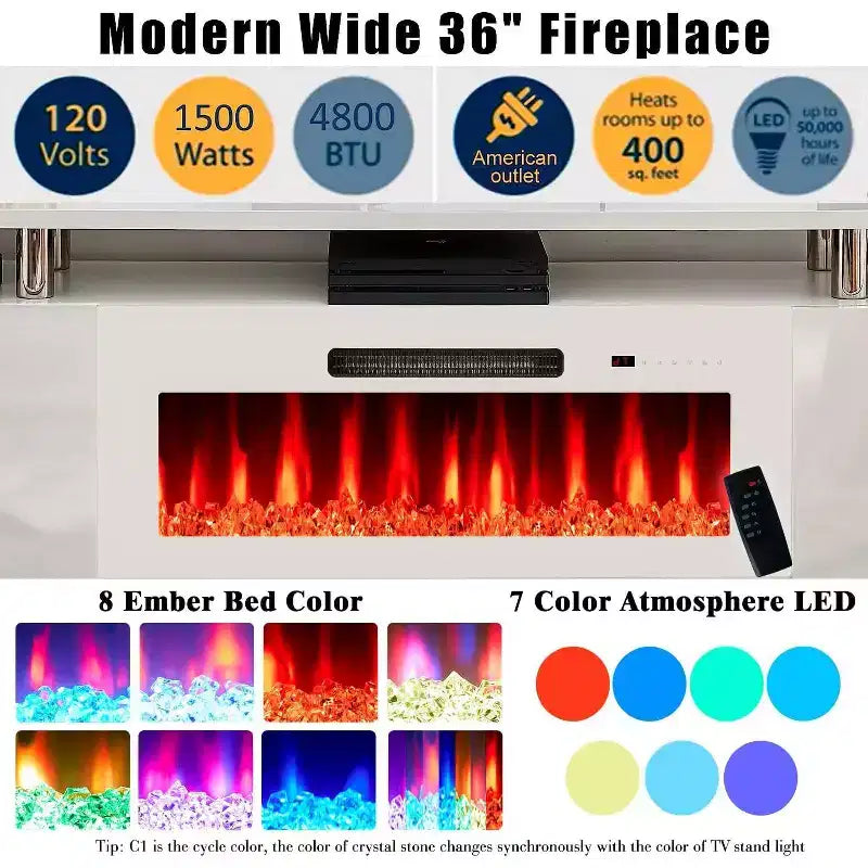 Meuble TV cheminée, meuble de divertissement LED laqué brillant