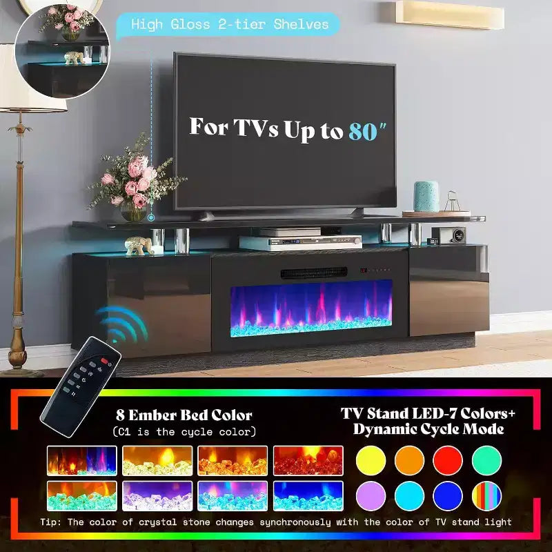 Meuble TV cheminée, meuble de divertissement LED laqué brillant
