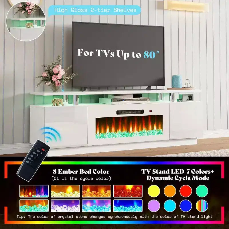 Meuble TV cheminée, meuble de divertissement LED laqué brillant