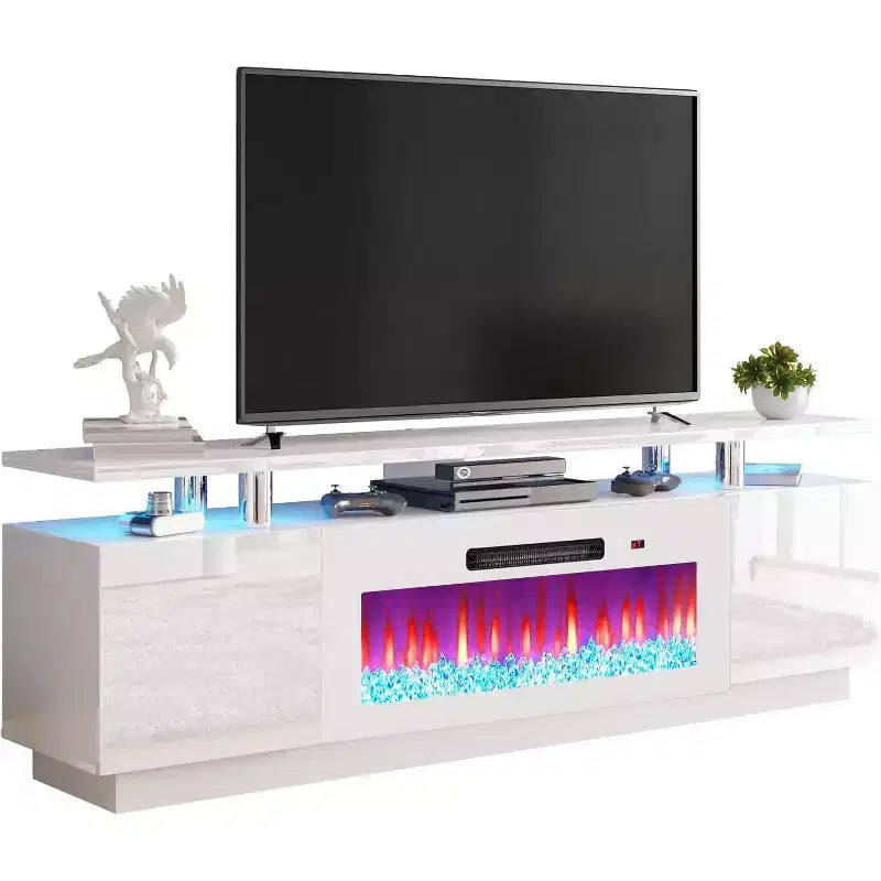 Meuble TV cheminée, meuble de divertissement LED laqué brillant