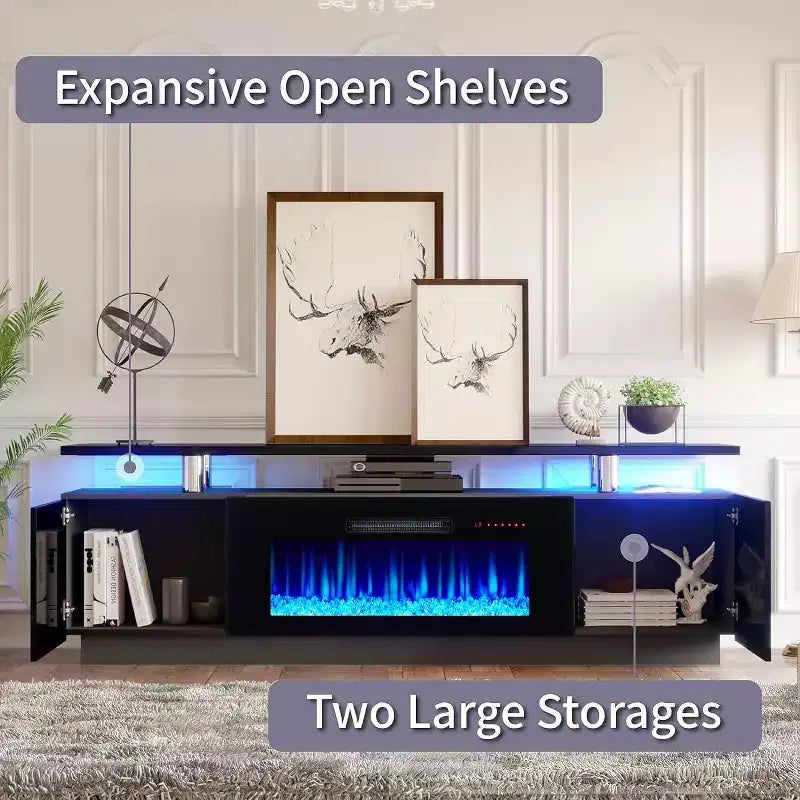 Meuble TV cheminée, meuble de divertissement LED laqué brillant