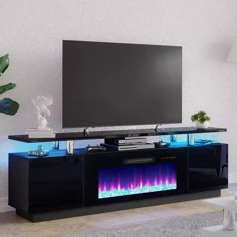 Meuble TV cheminée, meuble de divertissement LED laqué brillant