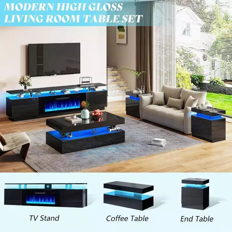 Meuble TV cheminée, meuble de divertissement LED laqué brillant