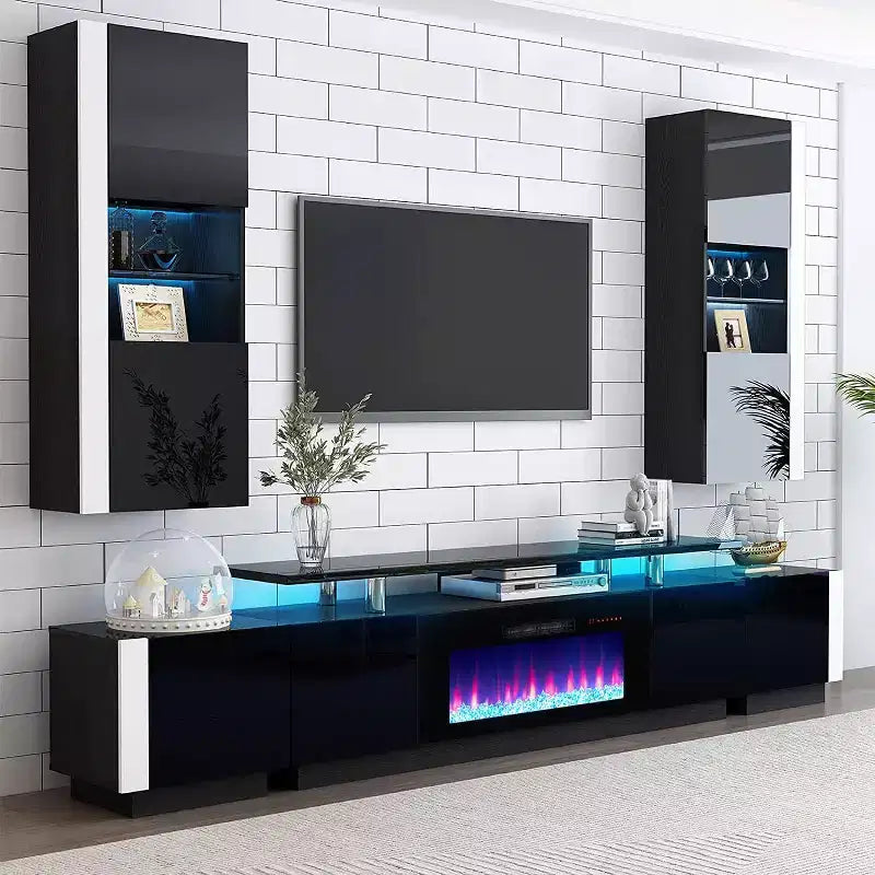 Meuble TV cheminée, meuble de divertissement LED laqué brillant