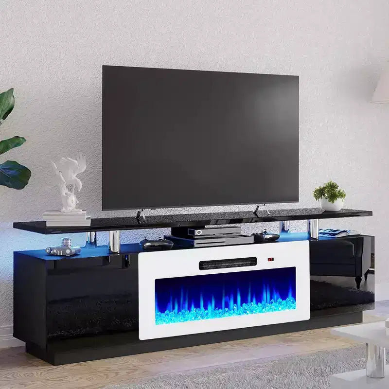 Meuble TV cheminée, meuble de divertissement LED laqué brillant