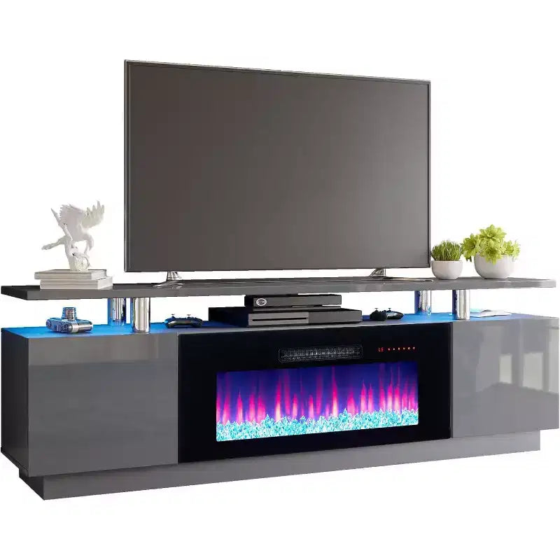 Meuble TV cheminée, meuble de divertissement LED laqué brillant