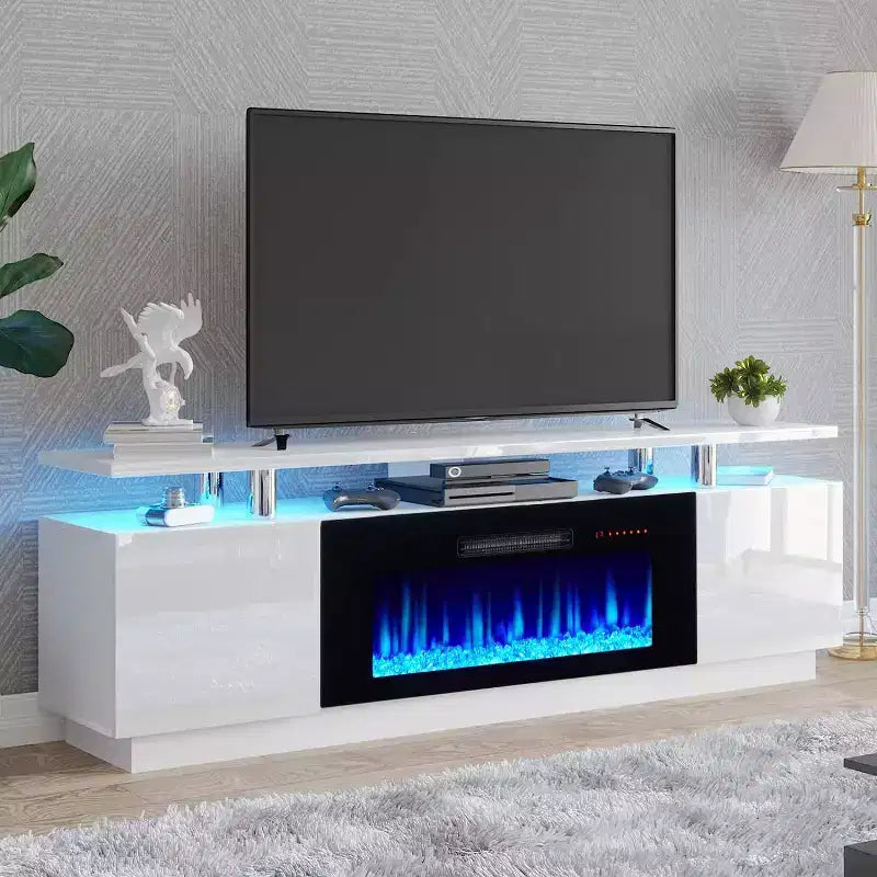 Meuble TV cheminée, meuble de divertissement LED laqué brillant